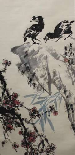 Chinese Painting Plum Flowers and Birds signed by Lu