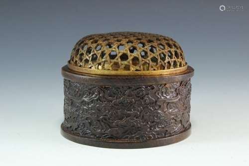 A Hardwood Censer w/Bronze Cover