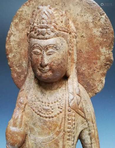 Early sui dyn(581-618}Han white marble Guan yin figurin