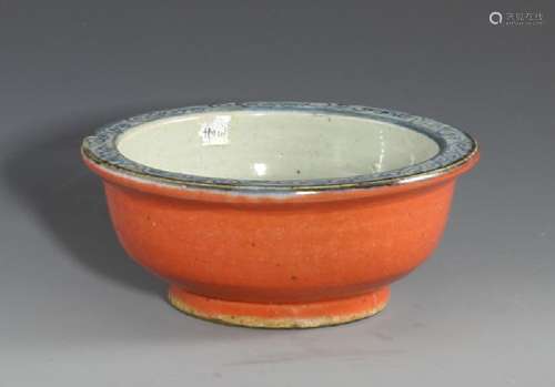 a blue and white coral red bowl