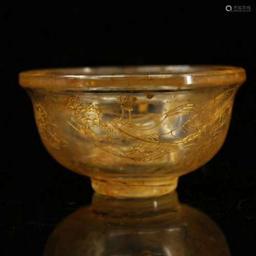 ANCIENT GOLDEN PASTEL CRYSTAL BOWL CARVED FLYING LADY