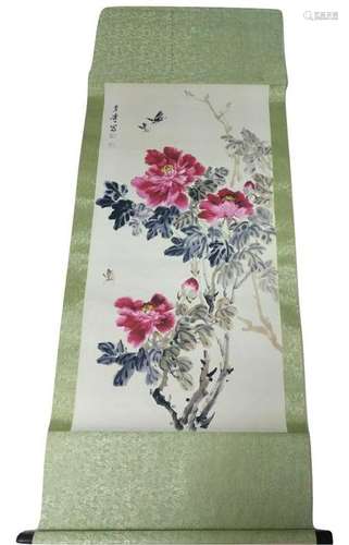 A RARE CHINESE SCROLL PAINTING OF FLOWER AND BUTTERFLY