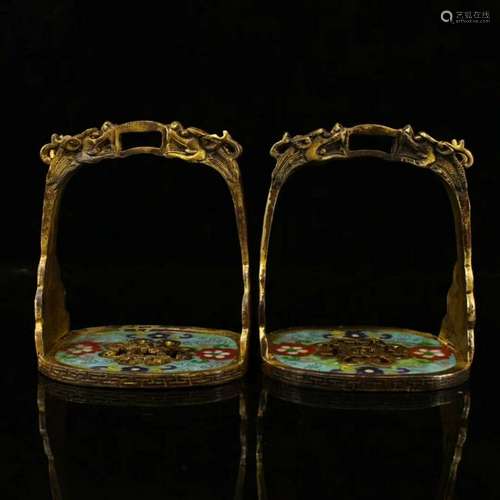 ANCIENT CHINESE GILT BRONZE HAND-MADE PAIR OF CLOISONNE