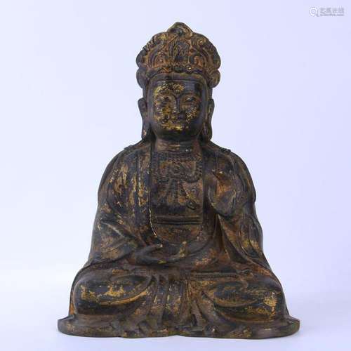 CHINESE PARTLY GILT BRONZE SEATED GUANYIN