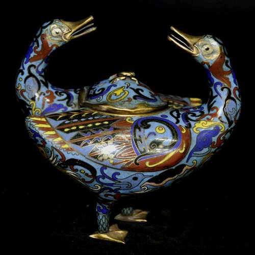 CHINESE QING DYNASTY OPPOSING DUCKS CLOISONNE CENSER