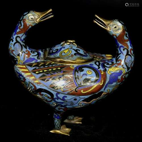 CHINESE QING DYNASTY OPPOSING DUCKS CLOISONNE CENSER