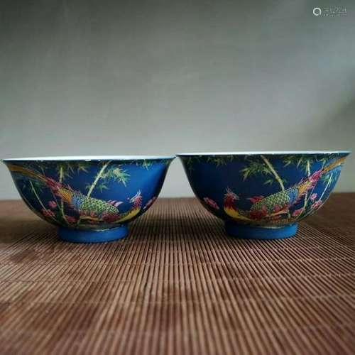 PAIR OF CHINESE BLUE GROUND BOWL WITH FLOWERS AND BIRDS