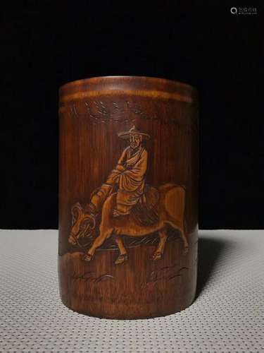 CHINESE BAMBOO PEN HOLDER CARVED IMMORTAL RIDING CATTLE