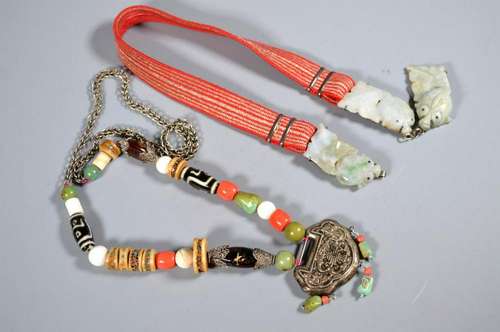 TWO CHINESE NECKLACES; JADEITE, SILVER, TIBETAN