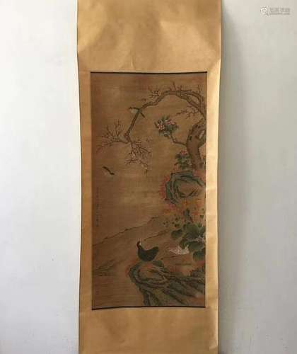 CHINESE SCROLL PAINTING OF FLOWER AND BIRD ON SILK