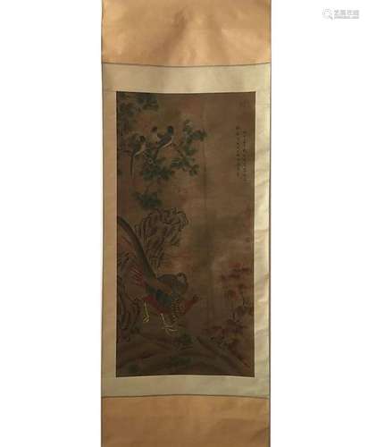 CHINESE SCROLL PAINTING OF GOLDEN PHEASANT ON SILK