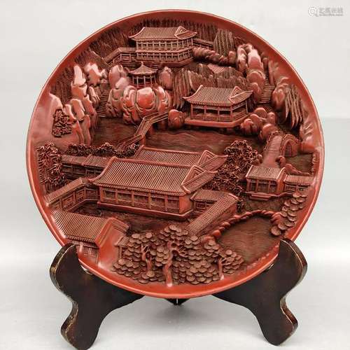 CHINESE RED LACQUERWARE PLATE PENGLAI FAIRYLAND SCREEN