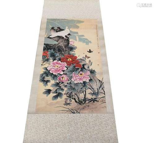 CHINESE HANGING SCROLL PAINTING OF FLOWER AND BIRD