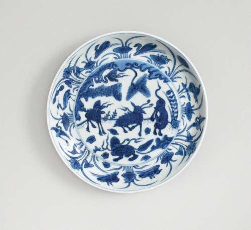 A BLUE AND WHITE 'MYTHICAL BEASTS' DISH WANLI MARK AND PERIOD