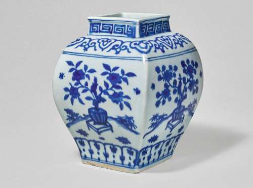 A RARE BLUE AND WHITE SQUARE-FORM 'FLORAL' JAR JIAJING MARK AND PERIOD
