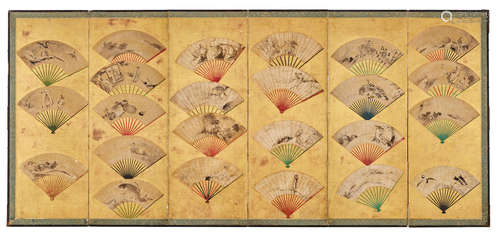 Edo period (1615-1868), 18th century A six panel screen with fans