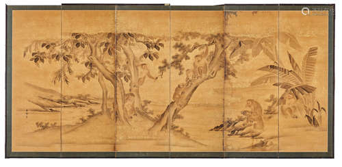 Edo period (1615-1868), 19th century A pair of six panel screens with monkeys