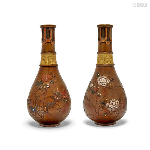 A pair of bronze and mixed metal vasesMeiji era (1868-1912), late 19th century Jomi Eisuke II (1839-1899)