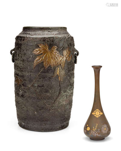 The first by TakatsuguMeiji (1868-1912) or Taisho (1912-1926) era, 19th/20th century Two inlaid bronze vases