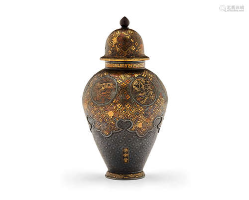 A miniature inlaid-iron vase and coverMeiji era (1868-1912), late 19th century Komai Company (circa 1880)