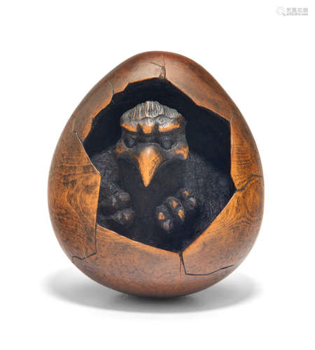 A wood netsuke of hatchling tenguEdo period (1615-1868), 19th century Masanao of Ise (active 19th century)