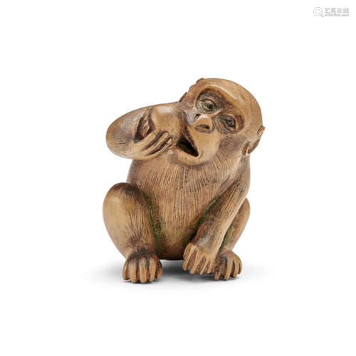 A wood netsuke of a monkeyMeiji era (1868-1912), late 19th century Mitsuyuki (active 19th century)