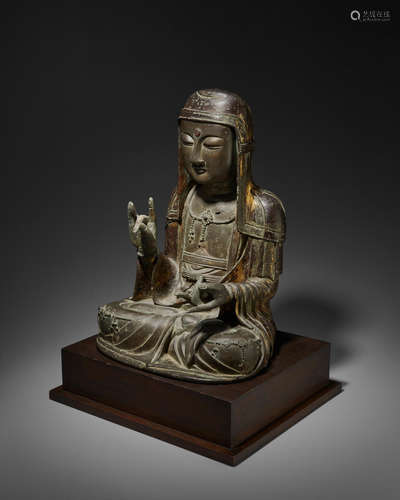 Goryeo dynasty (918-1392), 13th/14th century A RARE AND IMPORTANT Korean Gilt BRONZE FIGURE OF CHIJANG BOSAL (KSITIGARBHA)