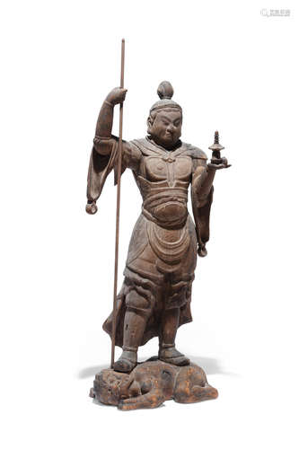 Heian period (794-1185), 12th century A large wood figure of Tamonten (Kubera)