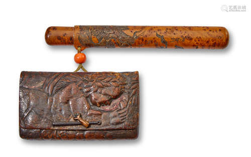 A burlwood pipe case and tobacco pouchMeiji (1868-1912) or Taisho (1912-1926) era, late 19th/early 20th century Kano Tessai (1845-1925)