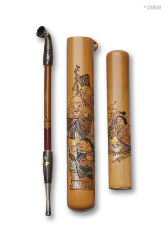 A carved bamboo kiseruzutsu (pipe case)Meiji (1868-1912) or Taisho (1912-1926) era, early 20th centuryThe pipe by Mitsunaga, Edo period (1615-1868), 19th century Kano Tessai (1845-1925)