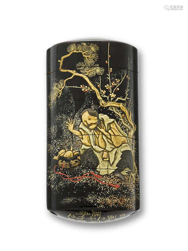 A rare black lacquer four-case inroEdo period (1615-1868), dated 1840 Kansai (active 19th century)