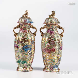 Pair of Enameled and Gilt Covered Vases