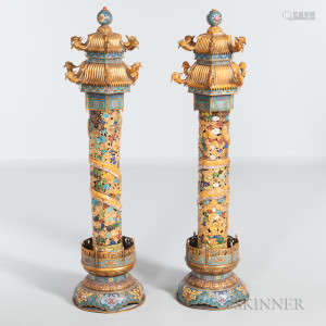 Pair of Cloisonne Temple Pagodas