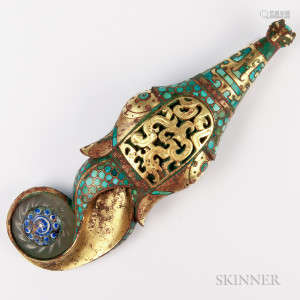 Turquoise-inlaid Gilt-bronze/Tin Dragon Belt Hook