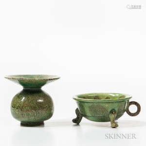 Two Small Green-glazed Marbled Stoneware Items