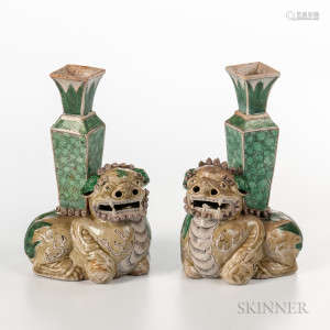 Pair of Famille Verte Foo Lion Incense Holders