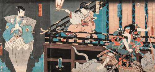 Utagawa Kunisada (Toyokuni III, 1786-1865), Triptych Woodblock Print