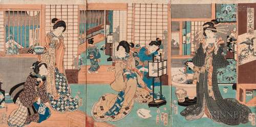 Utagawa Kunihiko (fl. 1850-1860), Triptych Woodblock Print