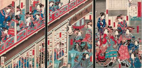 Utagawa Yoshiiku (1833-1904), Triptych Woodblock Print