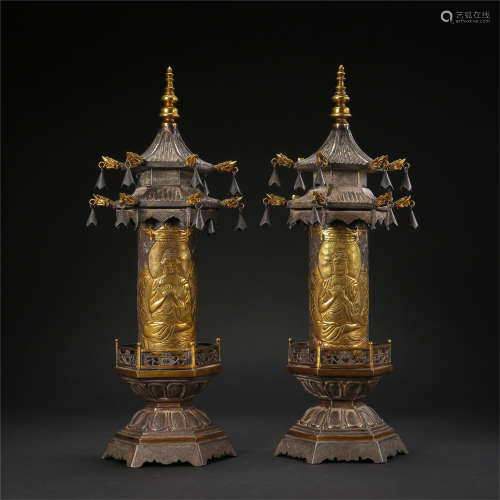 PAIR OF CHINESE PARTLY GILT SILVER BUDDHIST TOWER WITH INSCRIPT BOOKLET