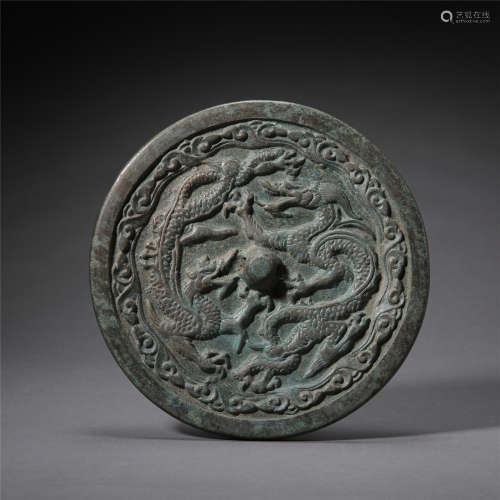 CHINESE BRONZE DOUBLE DRAGON ROUND MIRROR