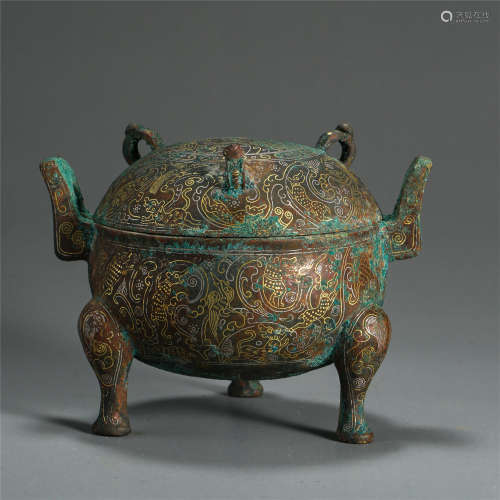 CHINESE SILVER GOLD INLAID ANCIENT BRONZE TRIPLE FEET LIDDED ROUND CENSER
