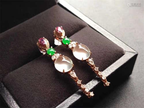 18K GOLD DIAMOND RUBY NATURAL JADEITE EARRINGS