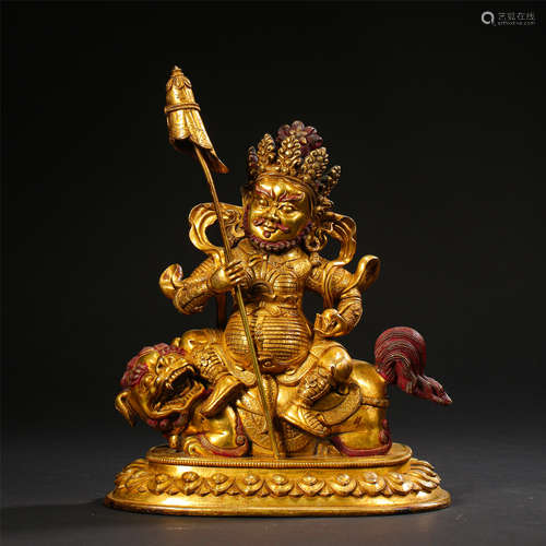 TIBETAN GILT BRONZE SEATED YELLOW JAMBHALA