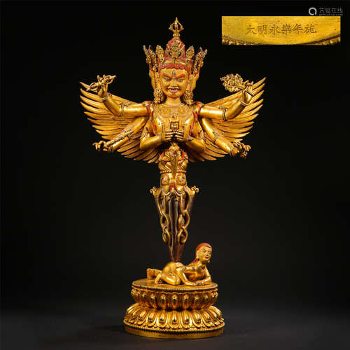 TIBETAN GILT BRONZE STANDING SIX ARM VAJRAKILA