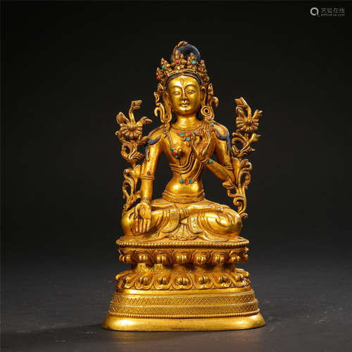 TIBETAN GILT BRONZE SEATED WHITE TARA WITH LOTUS