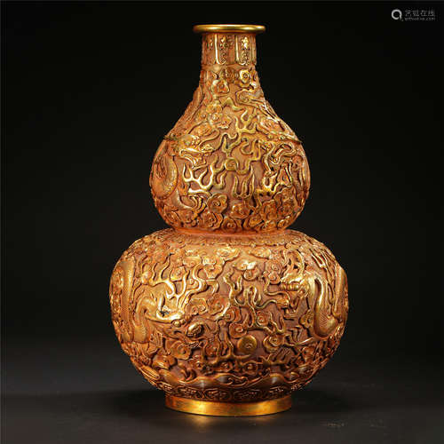 CHINESE GILT BRONZE DRAGON DOUBLE GOURD VASE