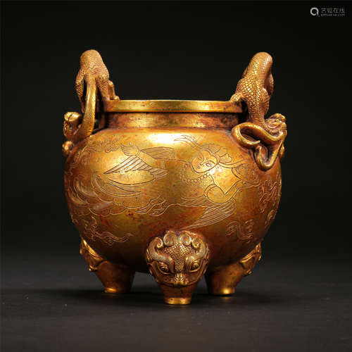 CHINESE GILT BRONZE DRAGON TRIPLE FEET ROUND CENSER