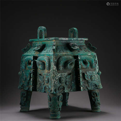 CHINESE ANCIENT BRONZE FOUR FEET BEAST DING SQUARE VESSEL