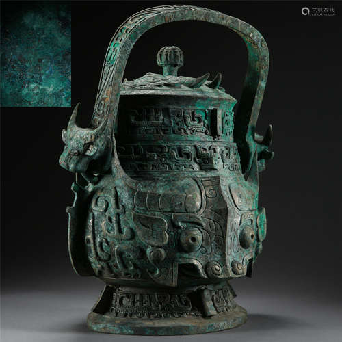 CHINESE ANCIENT BRONZE BEAST LONG HANDLE ZUN VESSEL